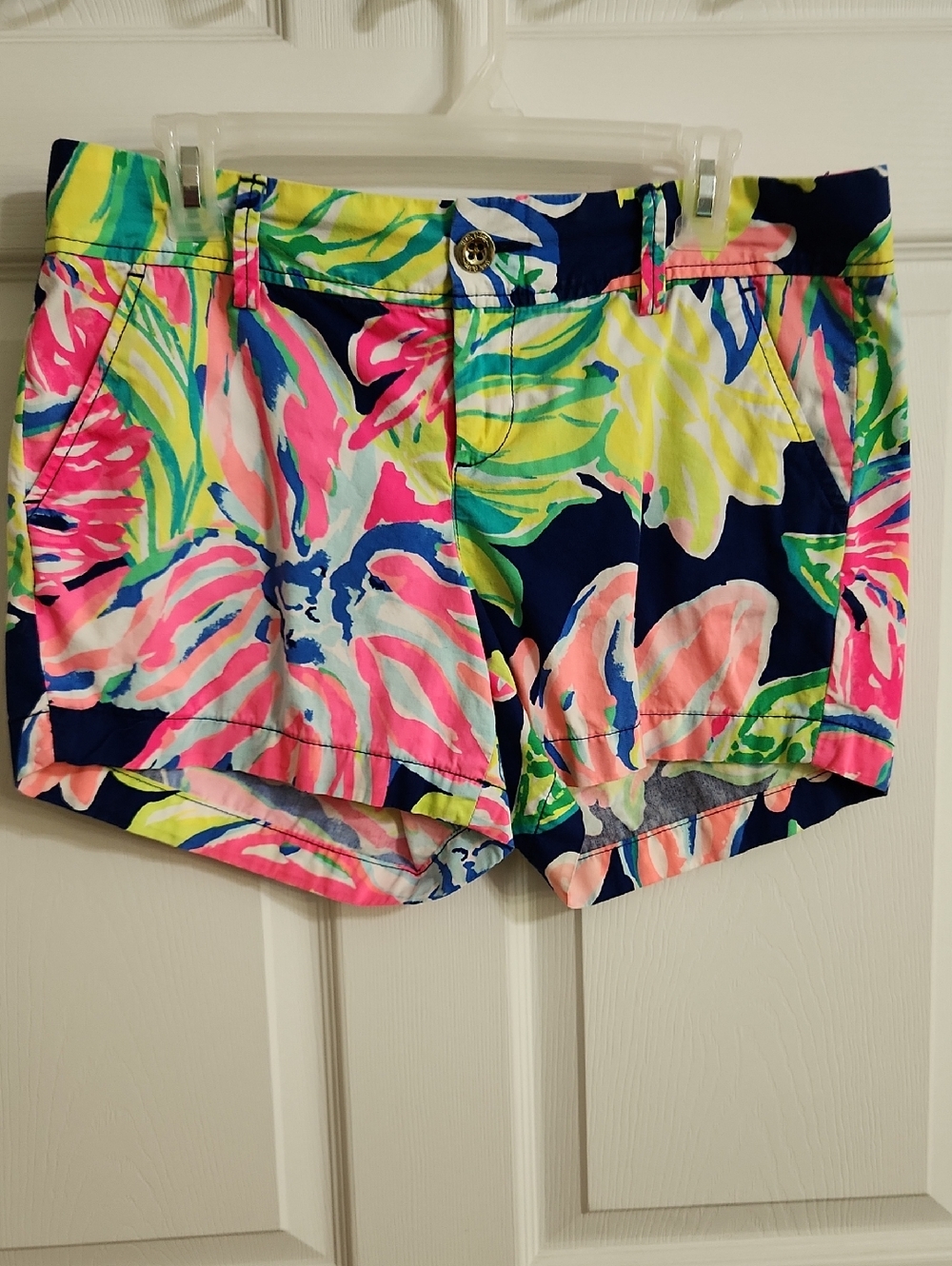Lilly Pulitzer Neon Floral Cotton Jean Shorts - Pink, Navy & Lime